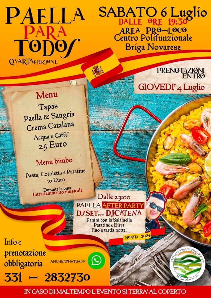 A Briga Novarese, torna per la Quarta edizione “Paella para Todos” e la novità: il &quot;Paella After Party&quot;