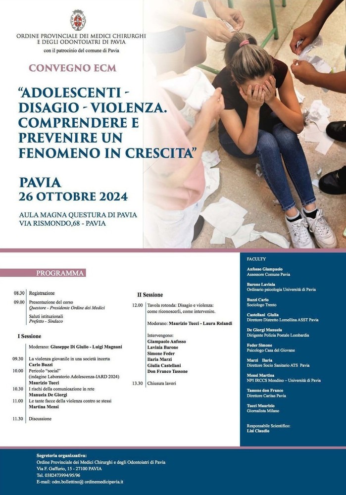 Disagio e giovani: sabato 26 ottobre il convegno in questura a Pavia organizzato dall’ordine dei medici