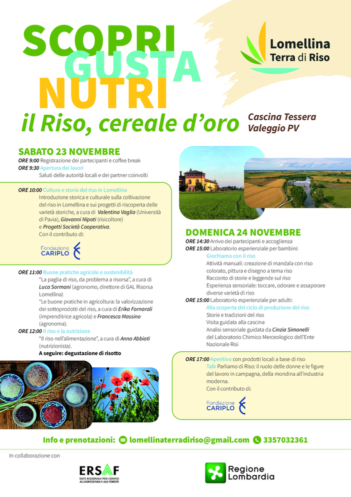 “Scopri, gusta, nutri”: due giorni di eventi per scoprire la cultura del riso in Lomellina