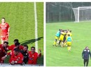 A sinistra Florencianez fa impazzire l'Oltrepò capolista, a destra l'abbraccio a Colombo al Chinetti dopo l'1-0 della Solbia. Sotto in gallery Locati in gol su tacco di Scapinello per il 2-0 nerazzurro (foto dalla diretta di Paolozerbi.com)