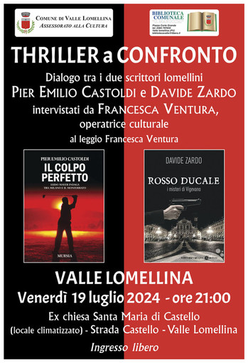 Valle, domani sera “Thriller a confronto”: alla biblioteca Marucchi, Pier Emilio Castoldi e Davide Zardo, dialogano con Francesca Ventura